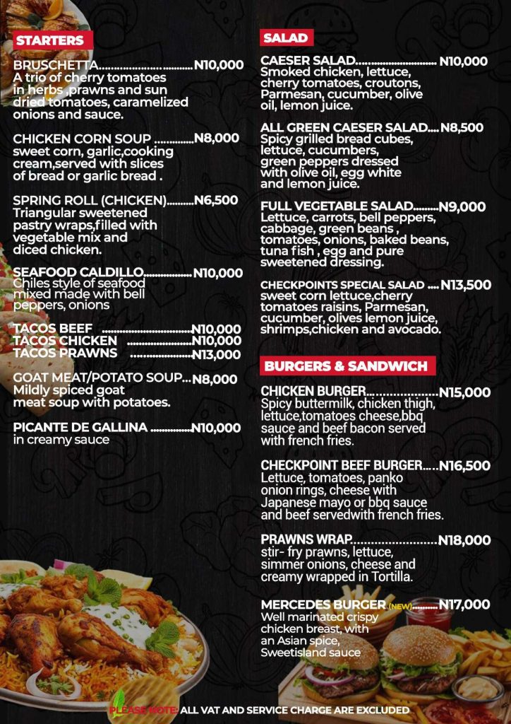 Checkpoint Restaurant and Lounge Menu